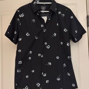 H&M Men's Black Shirt with White Floral Pattern NWT